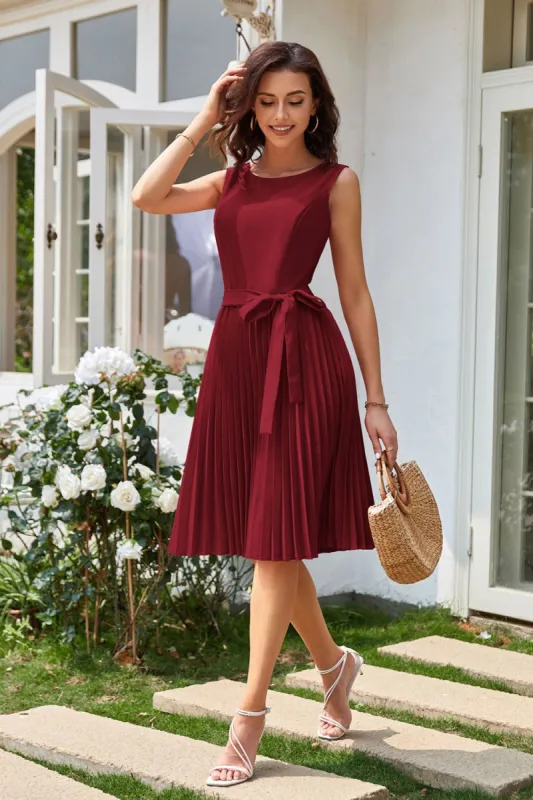 GRACE KARIN Pleated Sleeveless Crew Neck Belt Decorated Dress sold by Grace Karin