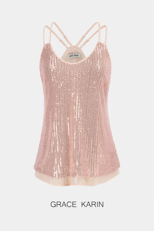 GRACE KARIN Women Sequined Cami Tops Dual Shoulder Strap V-Neck A-Line Tops sold by Grace Karin