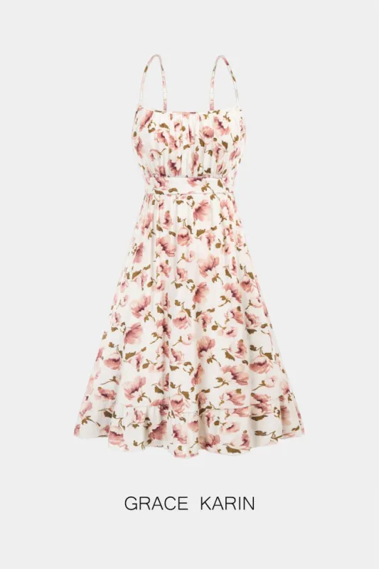 GRACE KARIN Women Defined Waist Cami Dress Spaghetti Straps Ruffled Hem A-Line Dress sold by Grace Karin