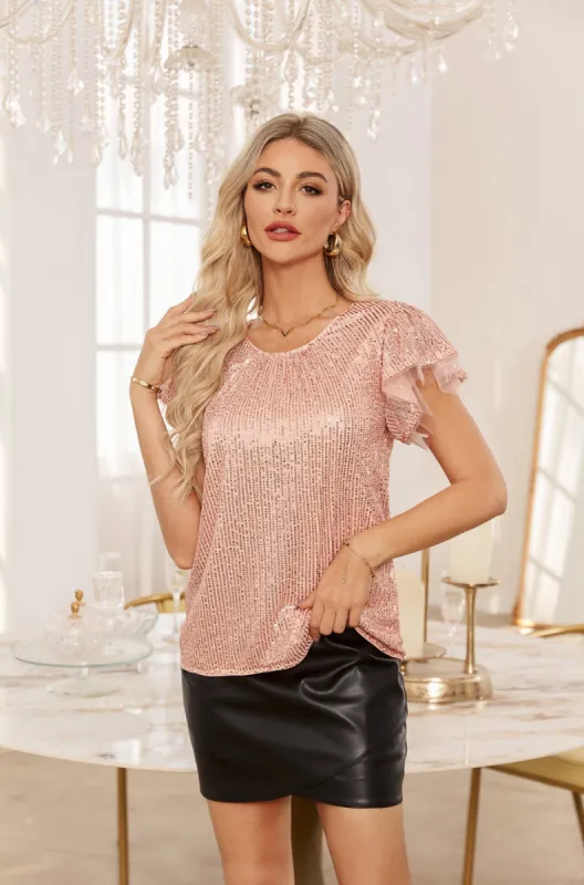 Sequin Short Sleeve Ruffle Loose Tops - Pink sold by Grace Karin