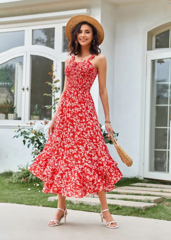 Square Neck Strapped Swing Floral Boho Long Maxi Dress - Red sold by Grace Karin
