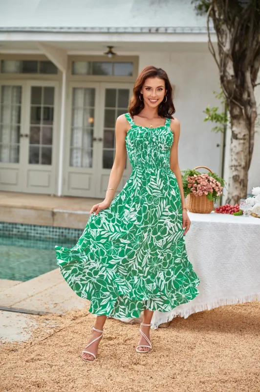 Square Neck Strapped Swing Floral Boho Long Maxi Dress - Green sold by Grace Karin