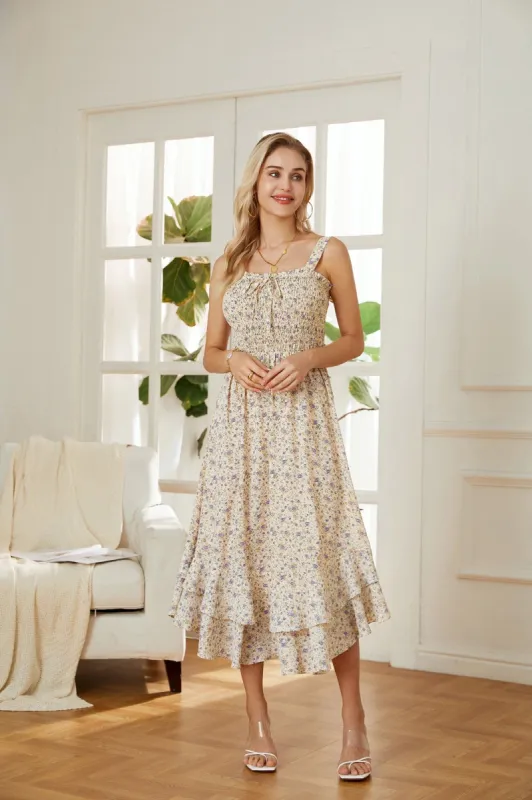 Square Neck Strapped Swing Floral Boho Long Maxi Dress - Apricot sold by Grace Karin