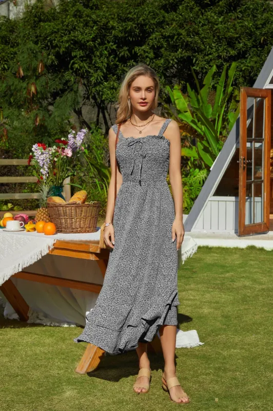 Square Neck Strapped Swing Floral Boho Long Maxi Dress - Blank sold by Grace Karin