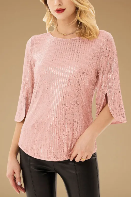 GRACE KARIN 3/4 Slit Sleeve Curved Hem Sequined Party Tops sold by Grace Karin