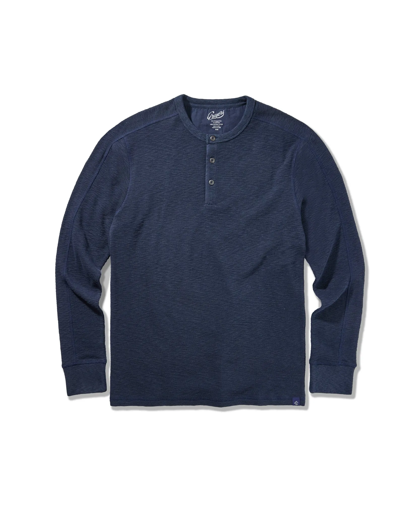 Clint Long Sleeve Waffle Henley - Dark Navy sold by Grayers