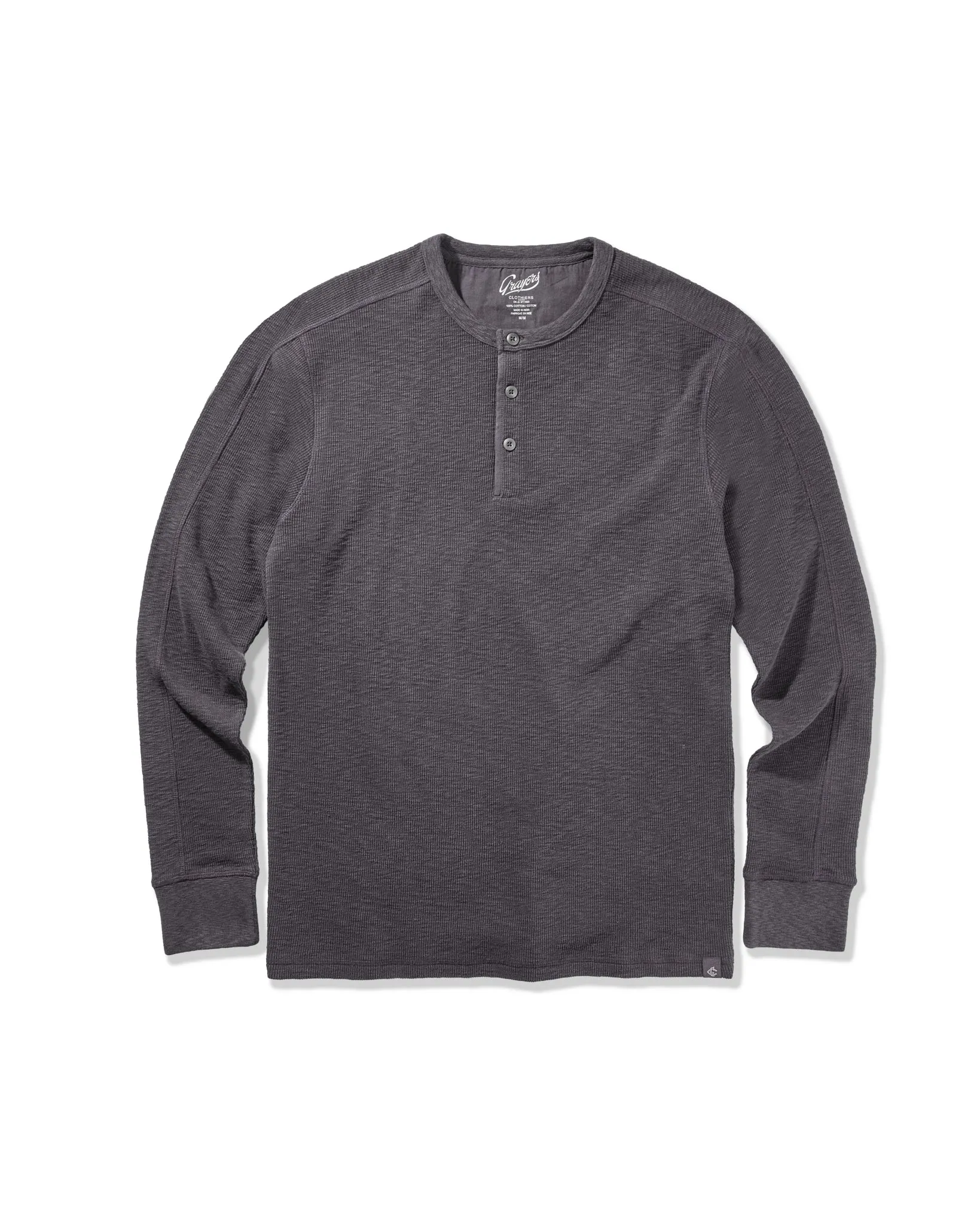 Clint Long Sleeve Waffle Henley - Charcoal sold by Grayers