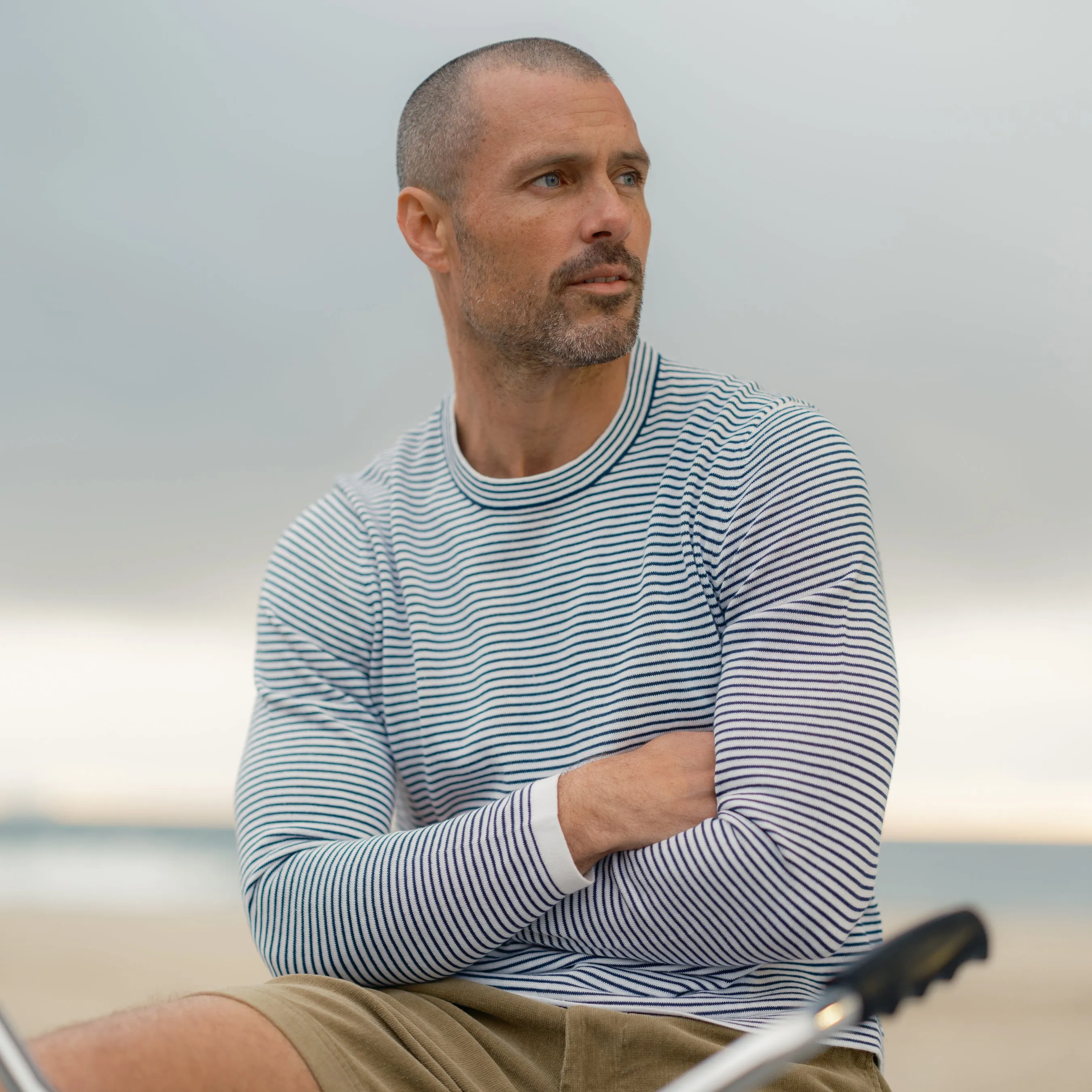 Peter Stripe Ramie Cotton Crew - Navy Cream Stripe sold by Grayers product image thumbnail 2