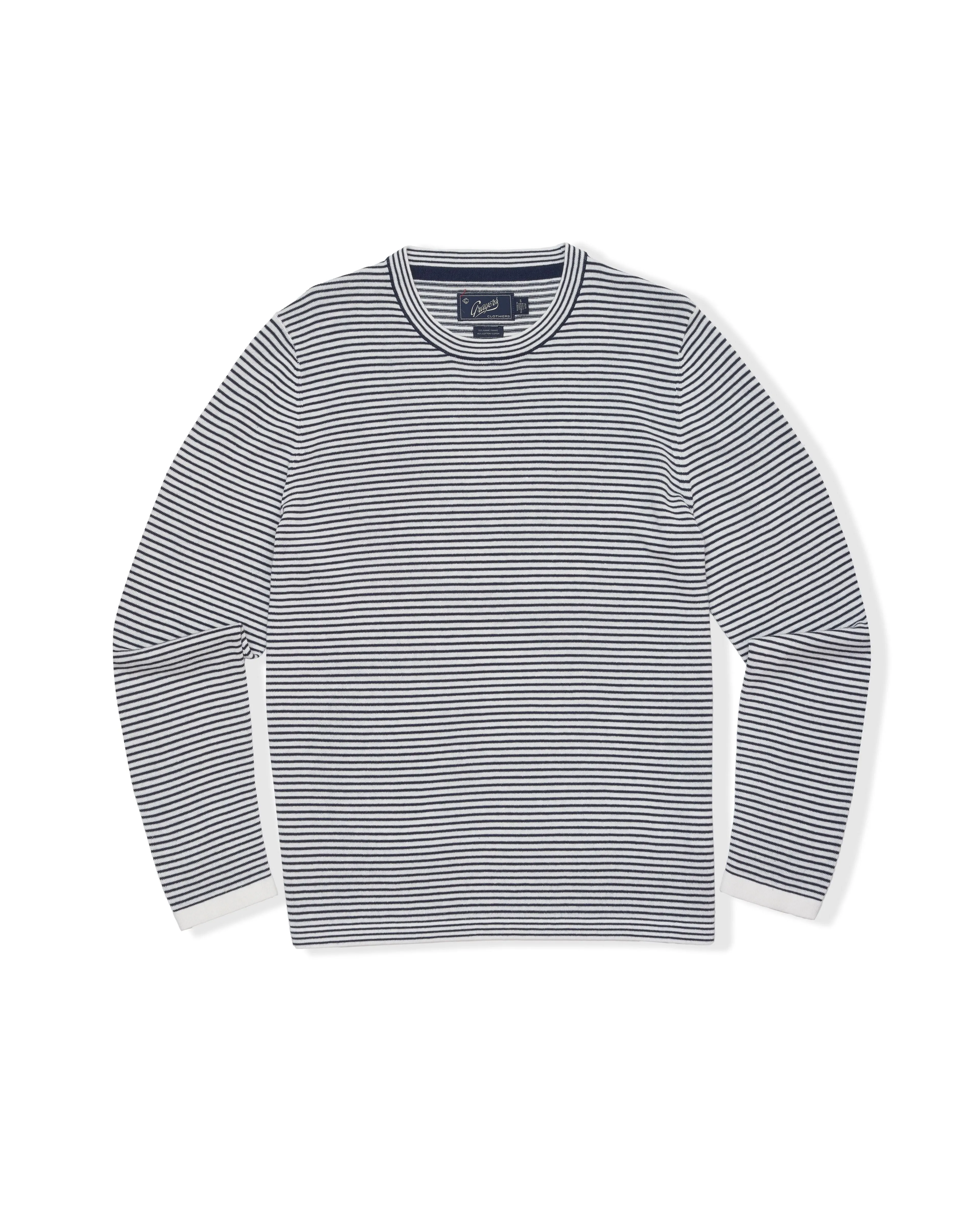Peter Stripe Ramie Cotton Crew - Navy Cream Stripe sold by Grayers