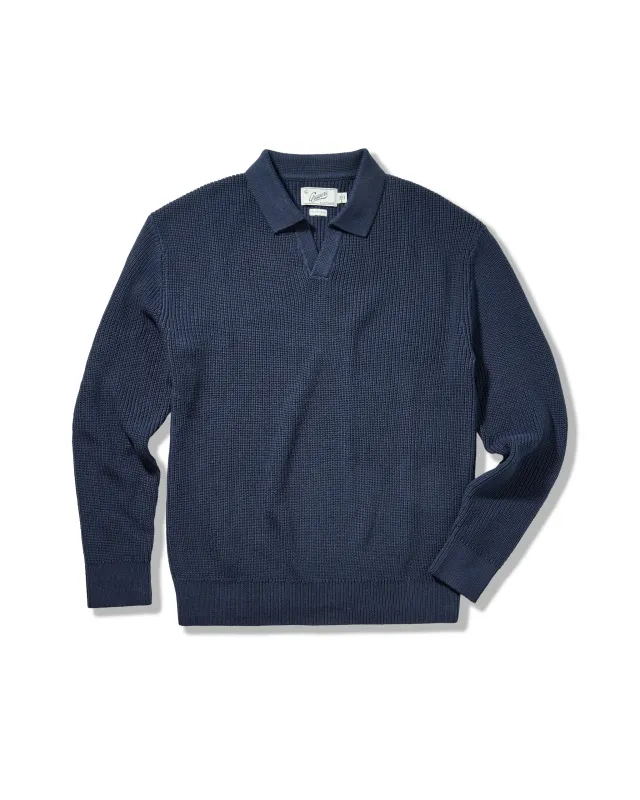 Shaker Stitch Cotton Polo Sweater - Navy sold by Grayers