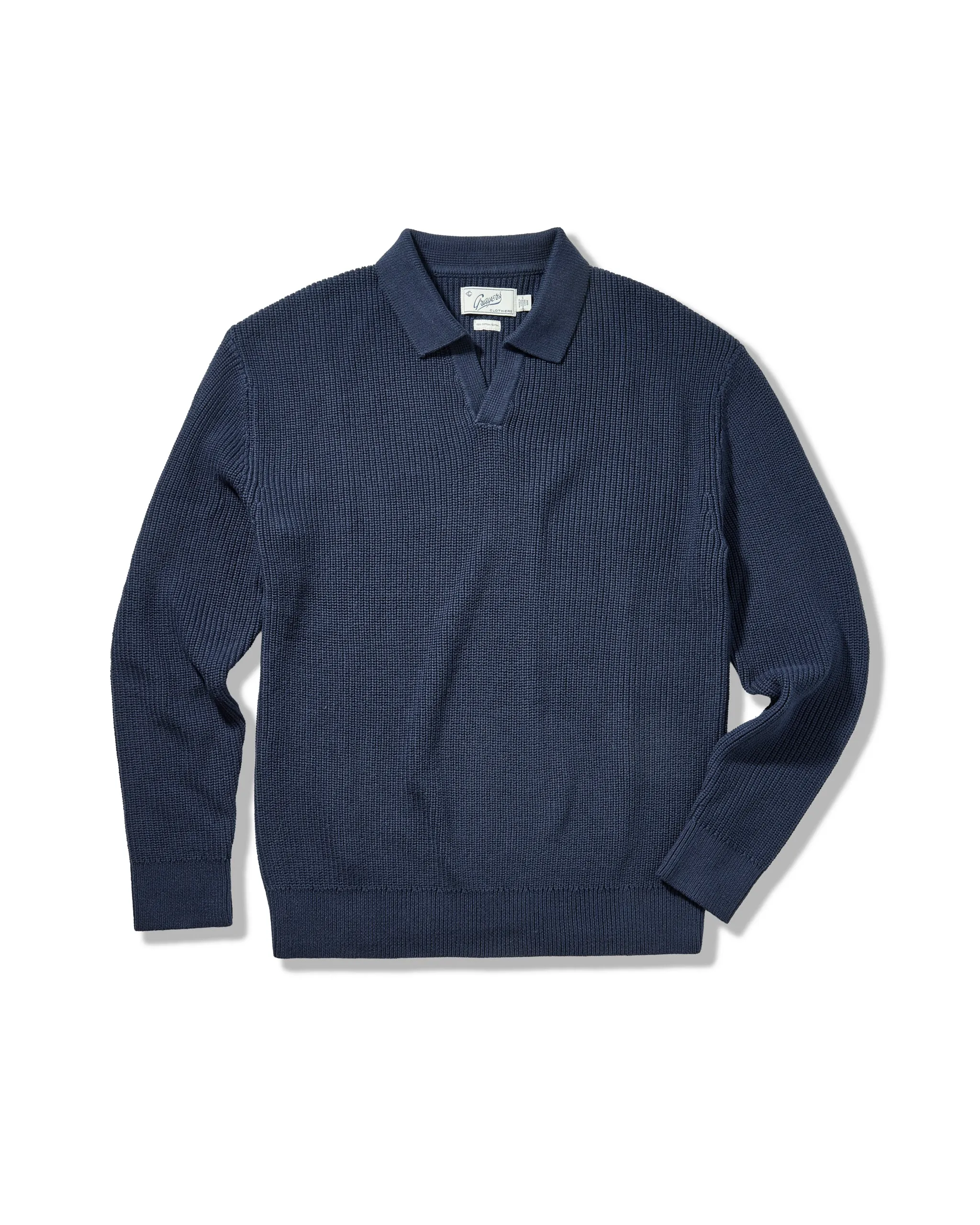 Shaker Stitch Cotton Polo Sweater - Navy sold by Grayers