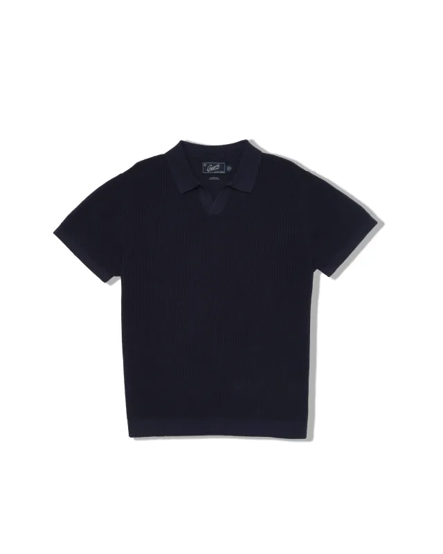 Jono Texture Stitch Johnny Collar Sweater Polo - Dark Navy made by Grayers