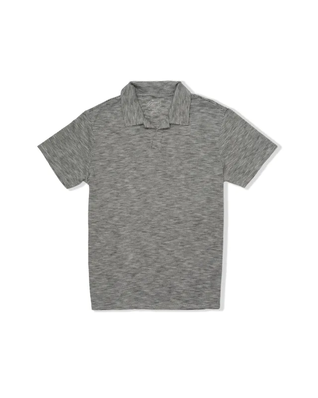 Feeder Stripe Loose Knit Johnny Collar Polo - Cream Navy sold by Grayers