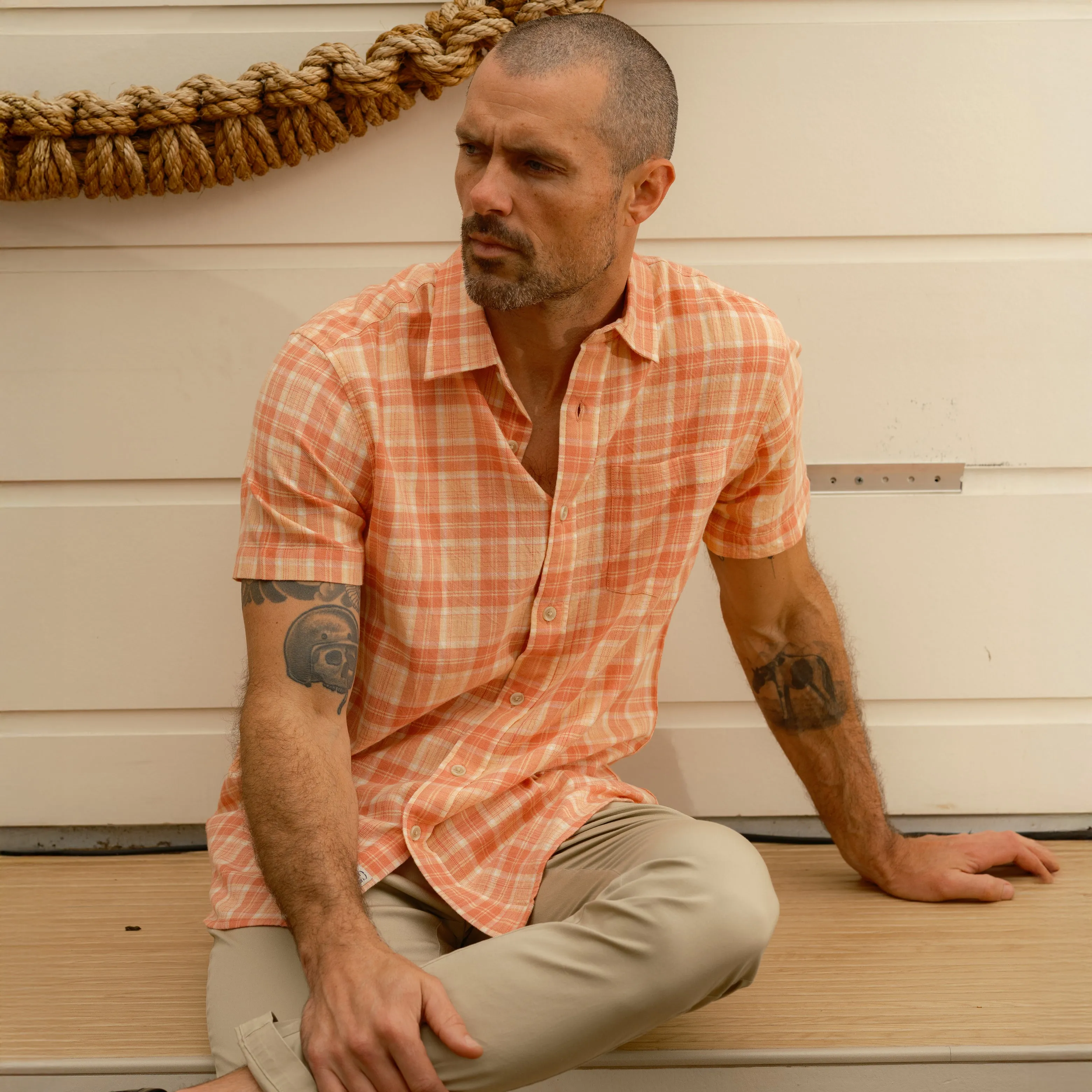 Light Weight Power Loom Short Sleeve Shirt - Auburn Cream Plaid sold by Grayers product image thumbnail 2