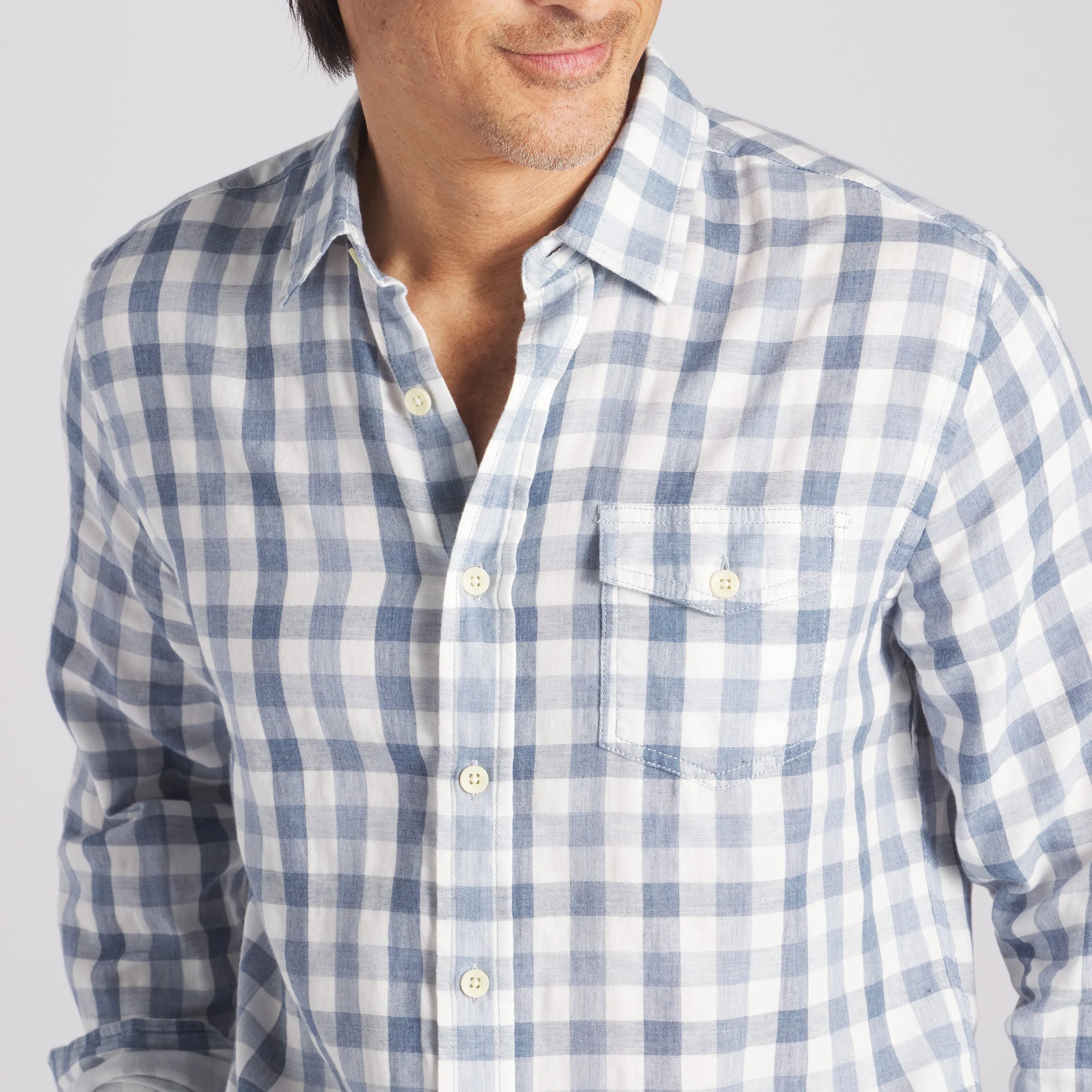 Denby Double Cloth Shirt - Heather Blue Cream Gingham sold by Grayers product image thumbnail 3