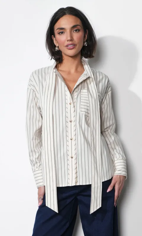 Danica Oversized Stripe Button Up Shirt W/ Tie Neck sold by Greylin