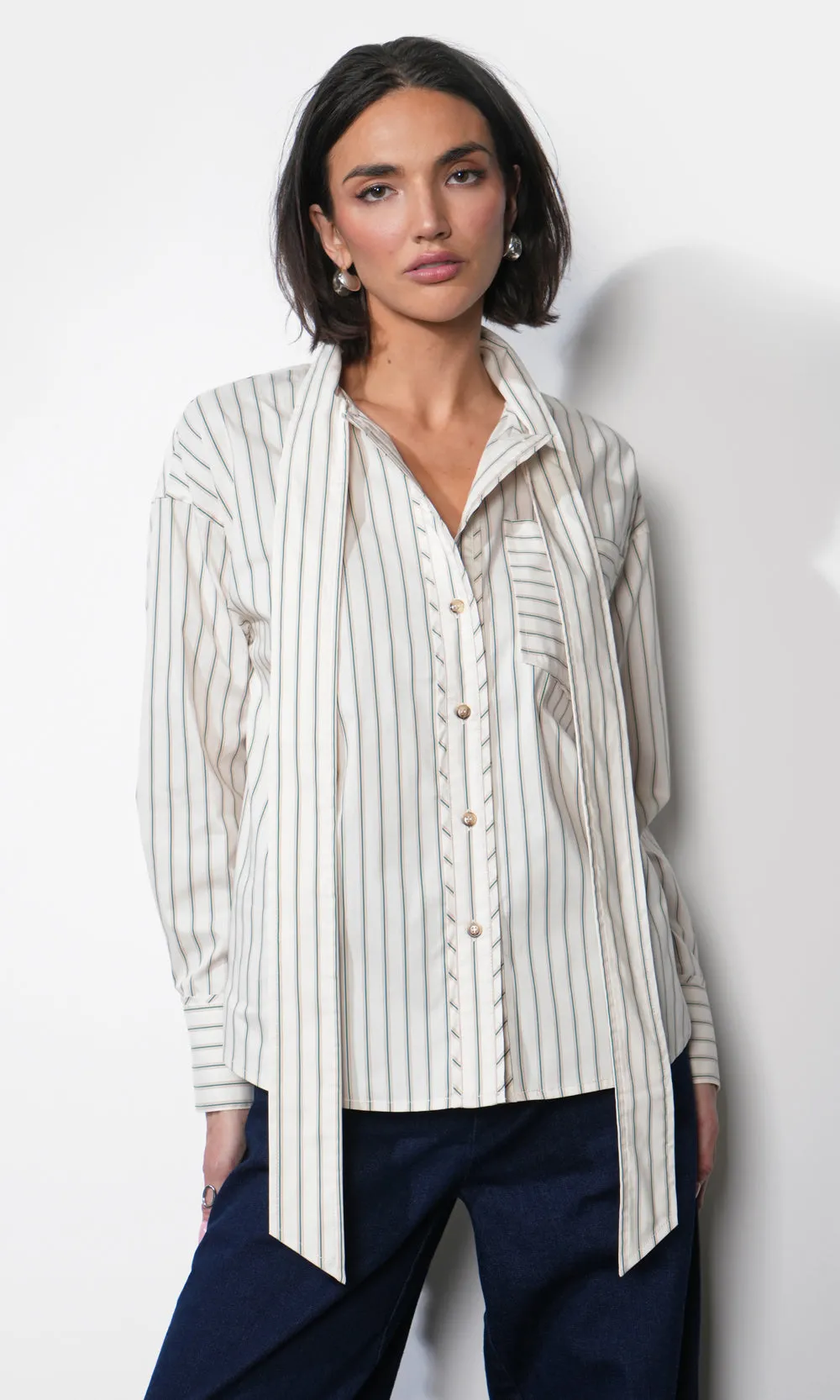 Danica Oversized Stripe Button Up Shirt W/ Tie Neck sold by Greylin product image thumbnail 5