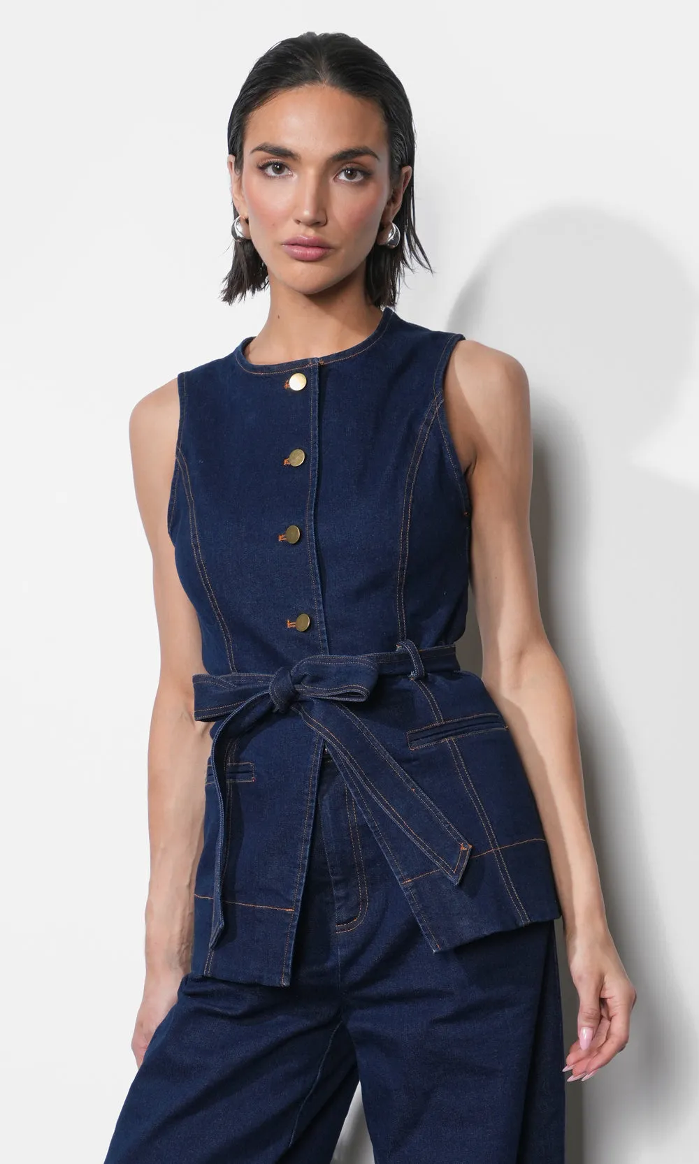 Clarence Button Up Denim Vest w/ Belt sold by Greylin product image thumbnail 3