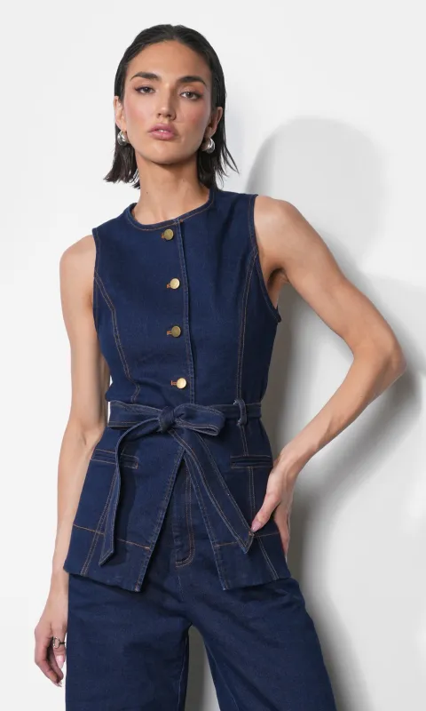 Clarence Button Up Denim Vest w/ Belt sold by Greylin