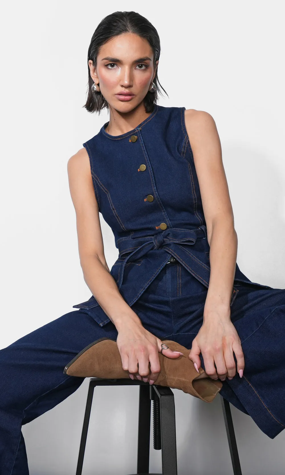 Clarence Button Up Denim Vest w/ Belt sold by Greylin product image thumbnail 2