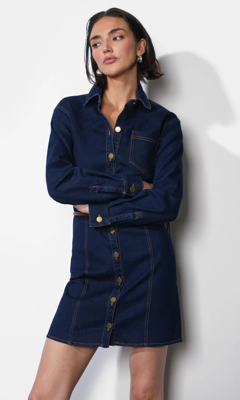 Calista Button Up Denim Mini Shirt Dress sold by Greylin product image thumbnail 4