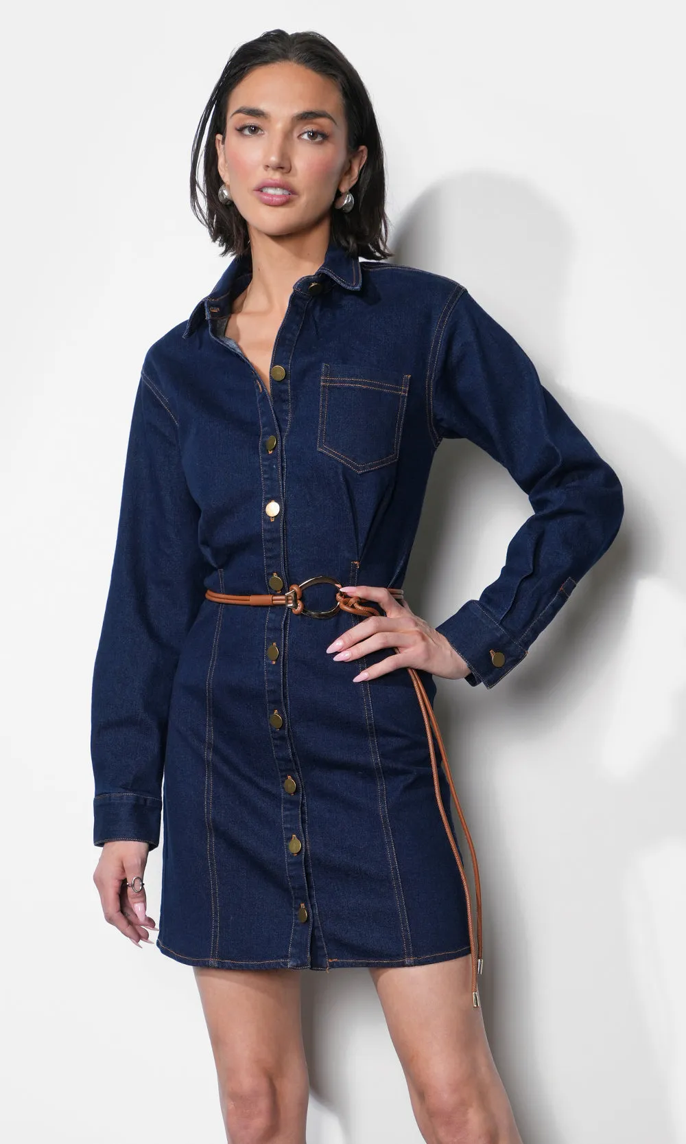 Calista Button Up Denim Mini Shirt Dress sold by Greylin