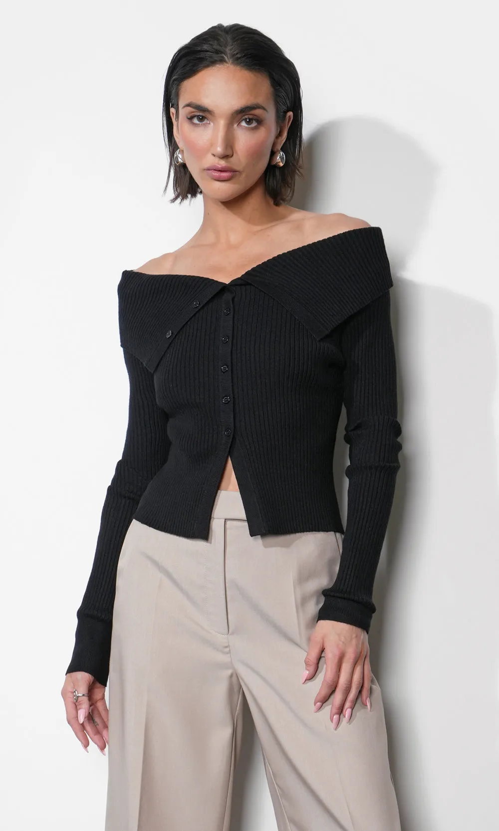 Linnea Button Down Off Shoulder Sweater Top sold by Greylin