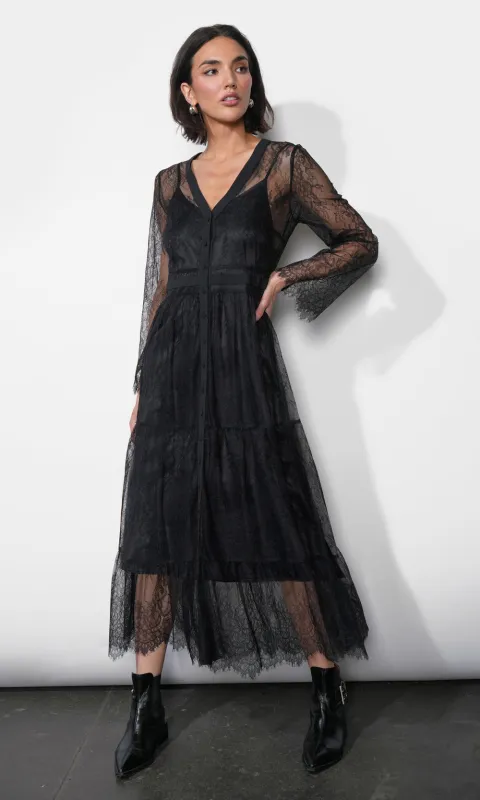 Emma Button Up Lace Tiered Maxi Dress sold by Greylin