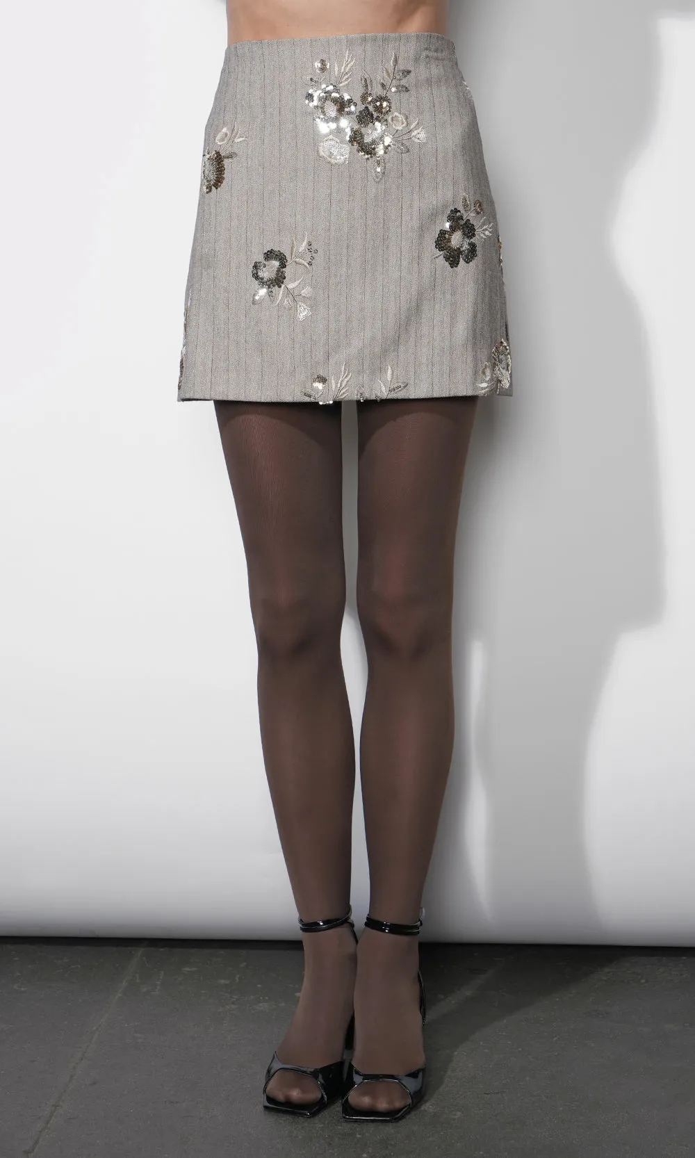 Camila Sequin Embroidered Pinstripe Mini Skirt sold by Greylin