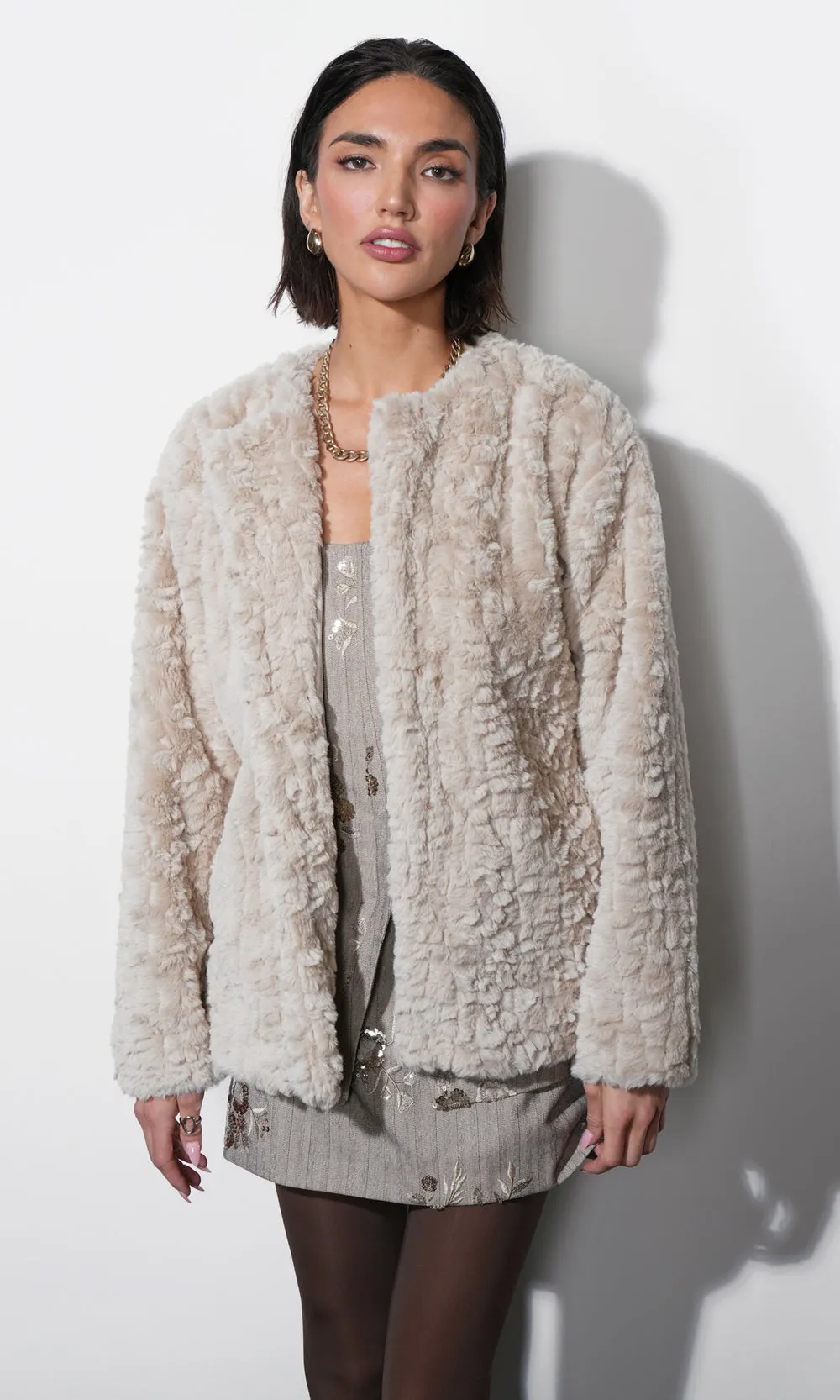 Yuri Collarless Faux Fur Jacket W/ Tie Belt sold by Greylin product image thumbnail 3