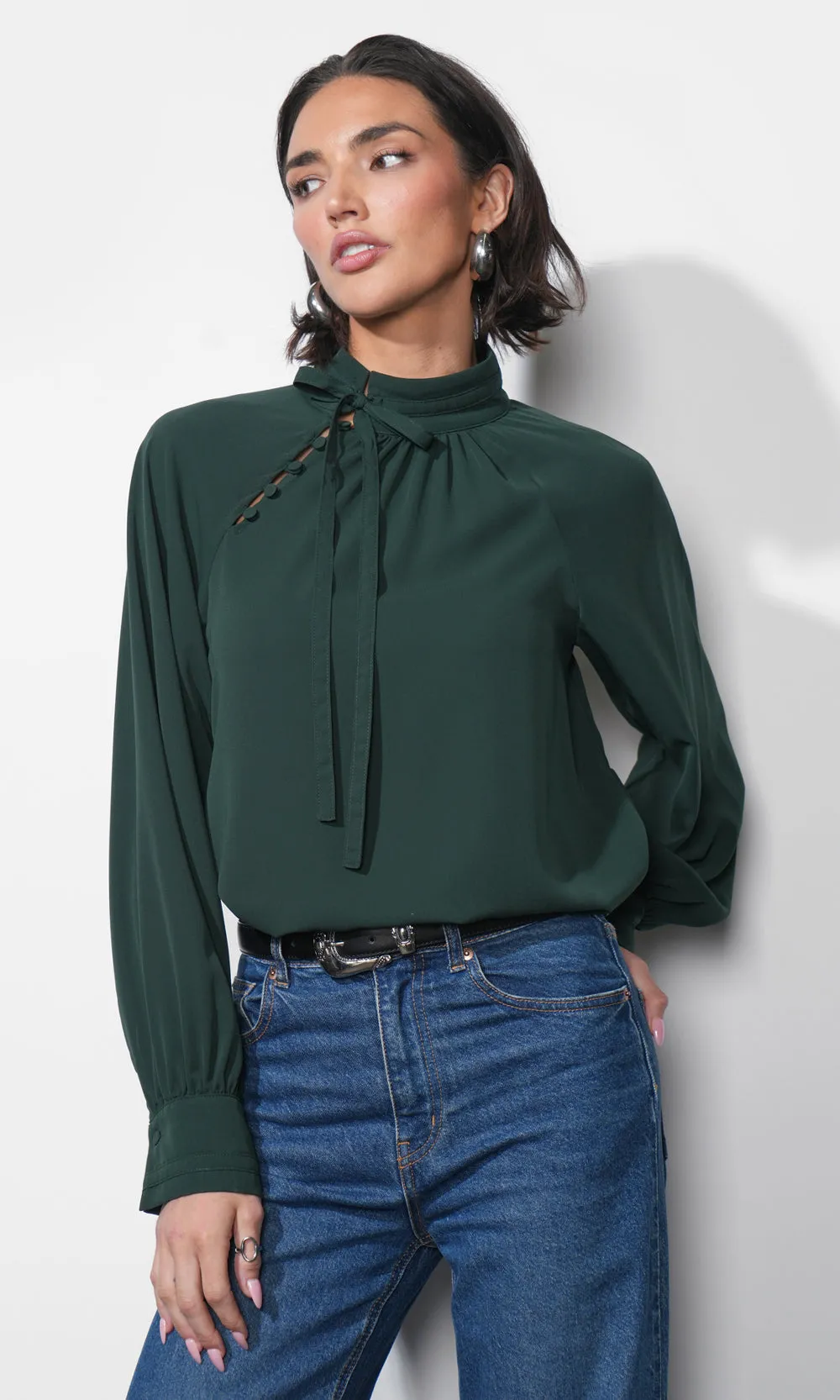 Liv Mock Neck Tie Blouse sold by Greylin