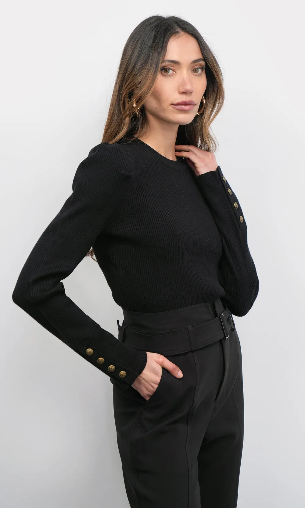 Dani Button Puff Sleeve Ribbed Knit Top sold by Greylin product image thumbnail 2