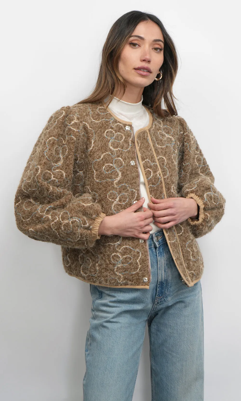 Harrison Embroidered Fuzzy Jacket sold by Greylin