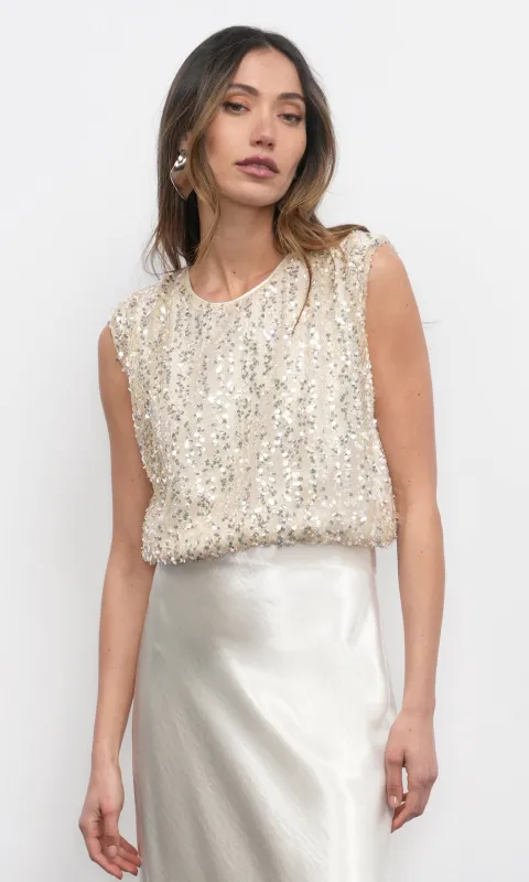 Liberty Padded Shoulder Bubble Hem Sequin Top sold by Greylin