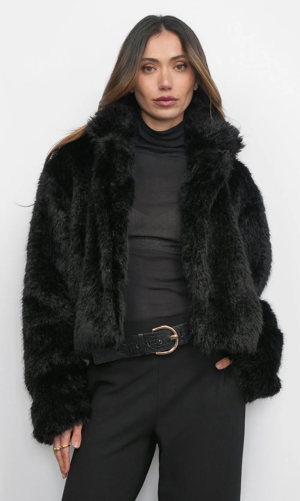 Maddox Shaggy Faux Fur Cropped Black Coat sold by Greylin
