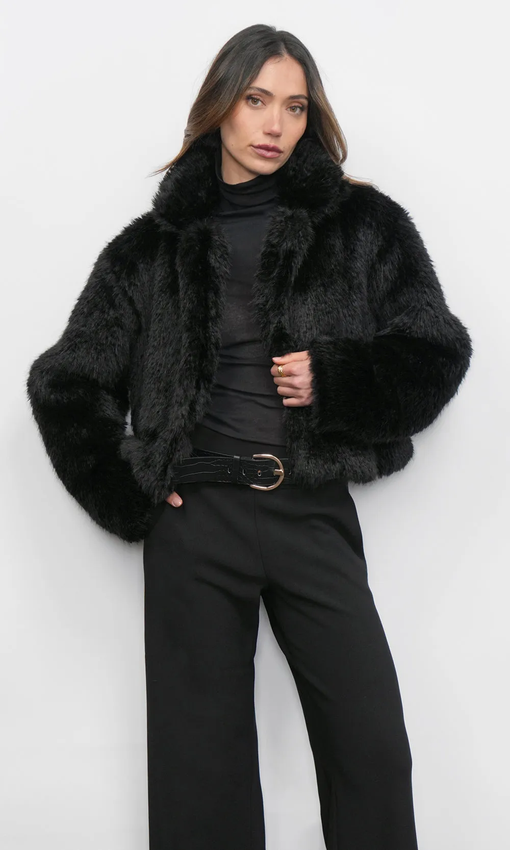 Maddox Shaggy Faux Fur Cropped Black Coat sold by Greylin product image thumbnail 2