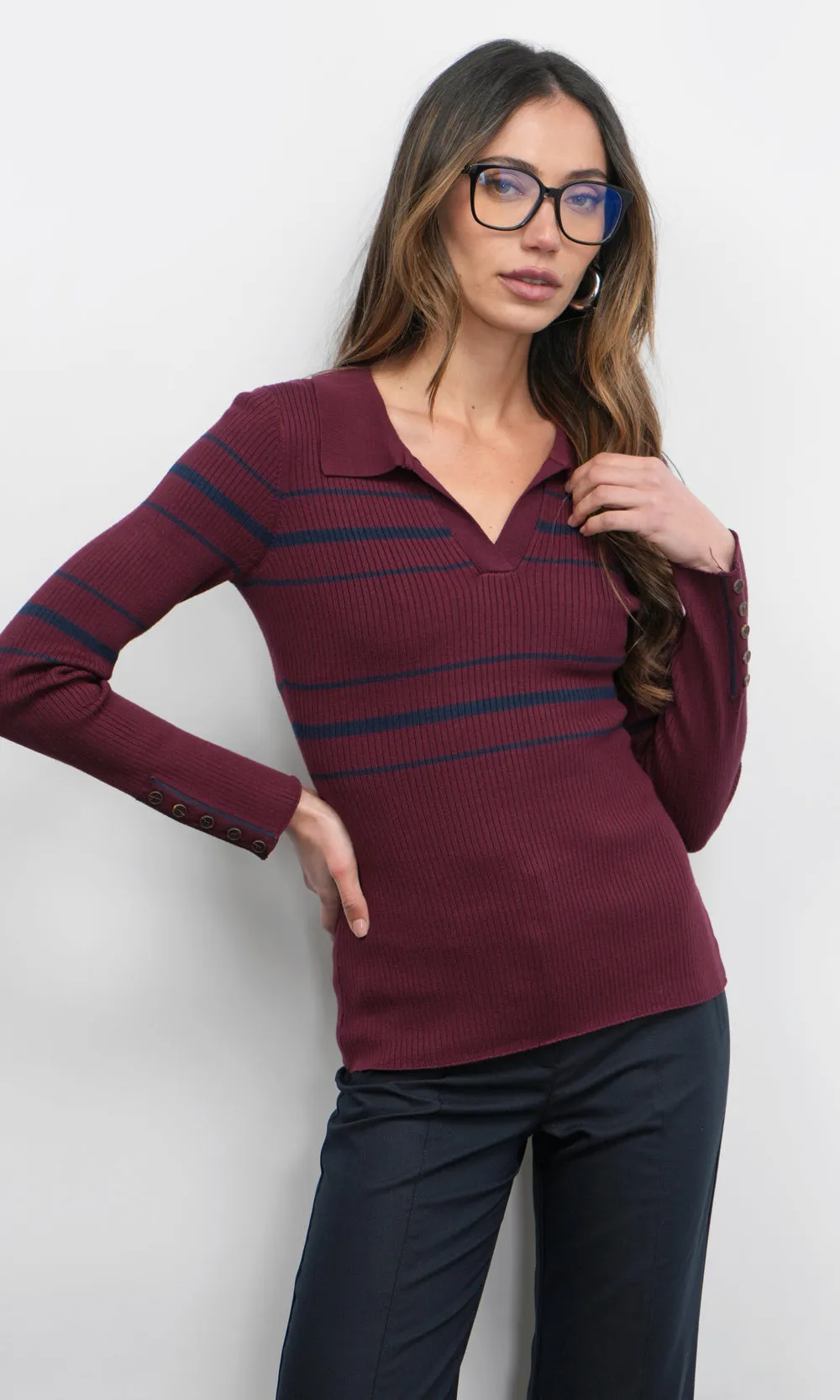 Elena Striped Polo Knit Top sold by Greylin