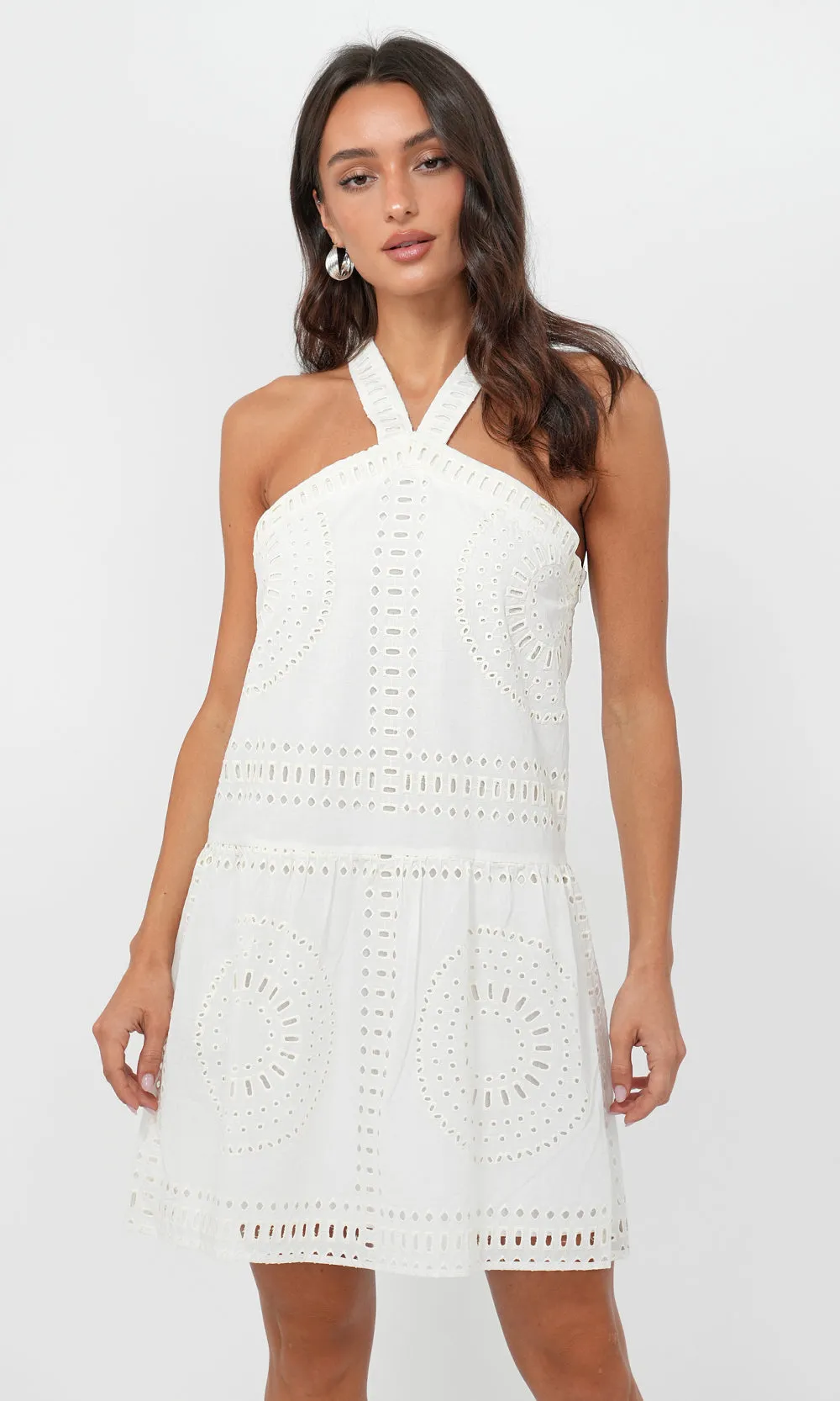 Louvie Eyelet Halter Mini Dress sold by Greylin