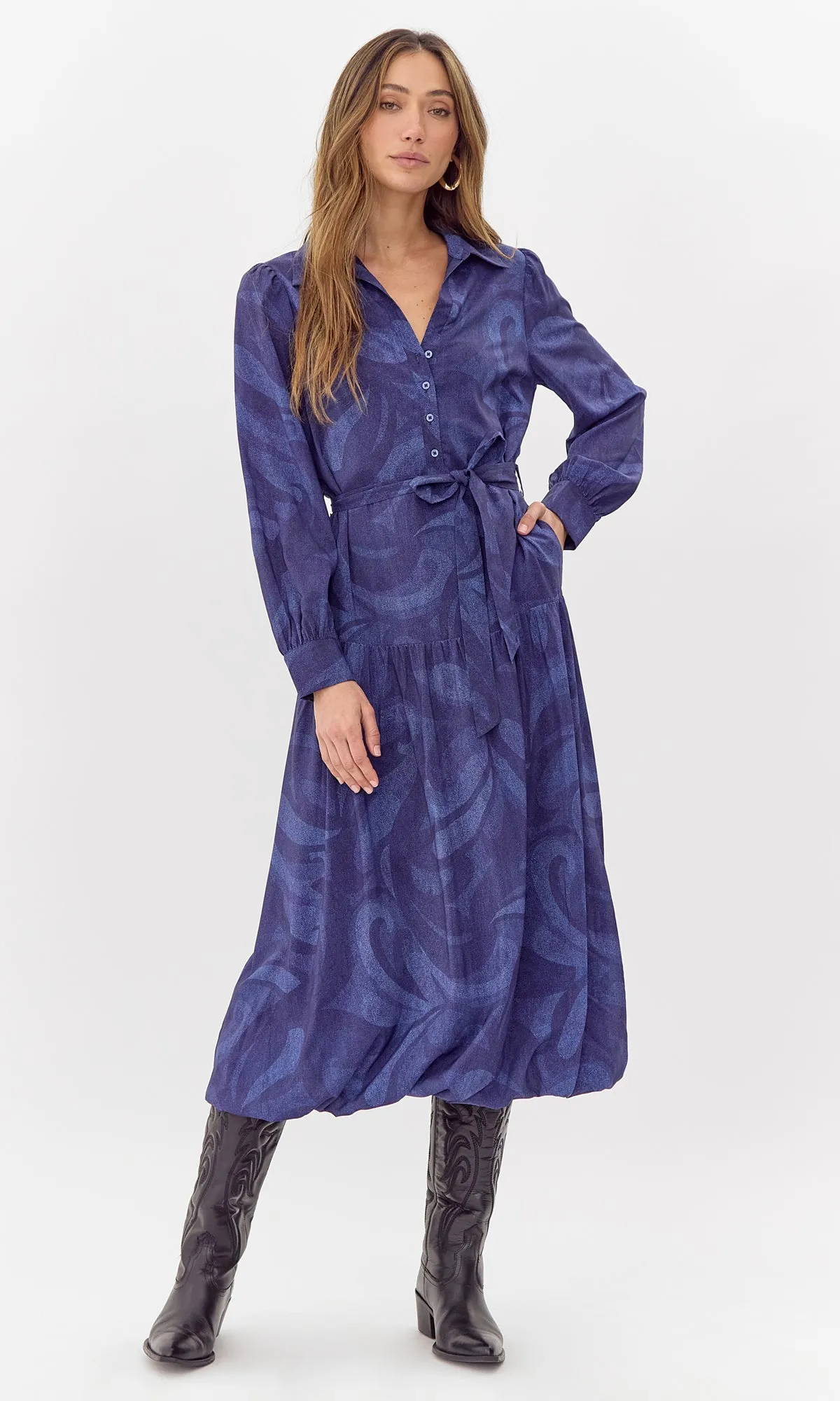 Raya Printed Tie Waist Midi Dress sold by Greylin