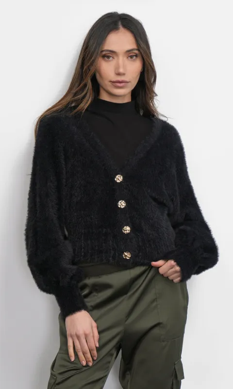 Lina Fuzzy Knit Black Cardigan sold by Greylin