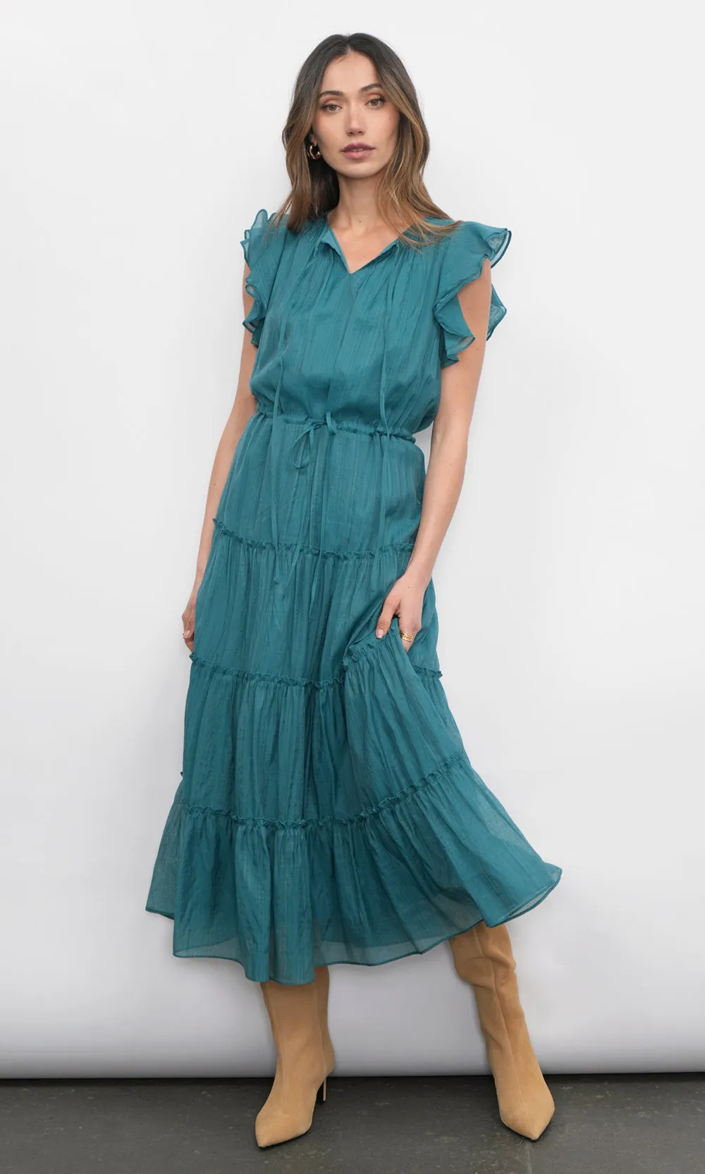 Yvonne Textured Flutter Sleeve Tiered Midi Dress w/ Drawstring sold by Greylin product image thumbnail 2