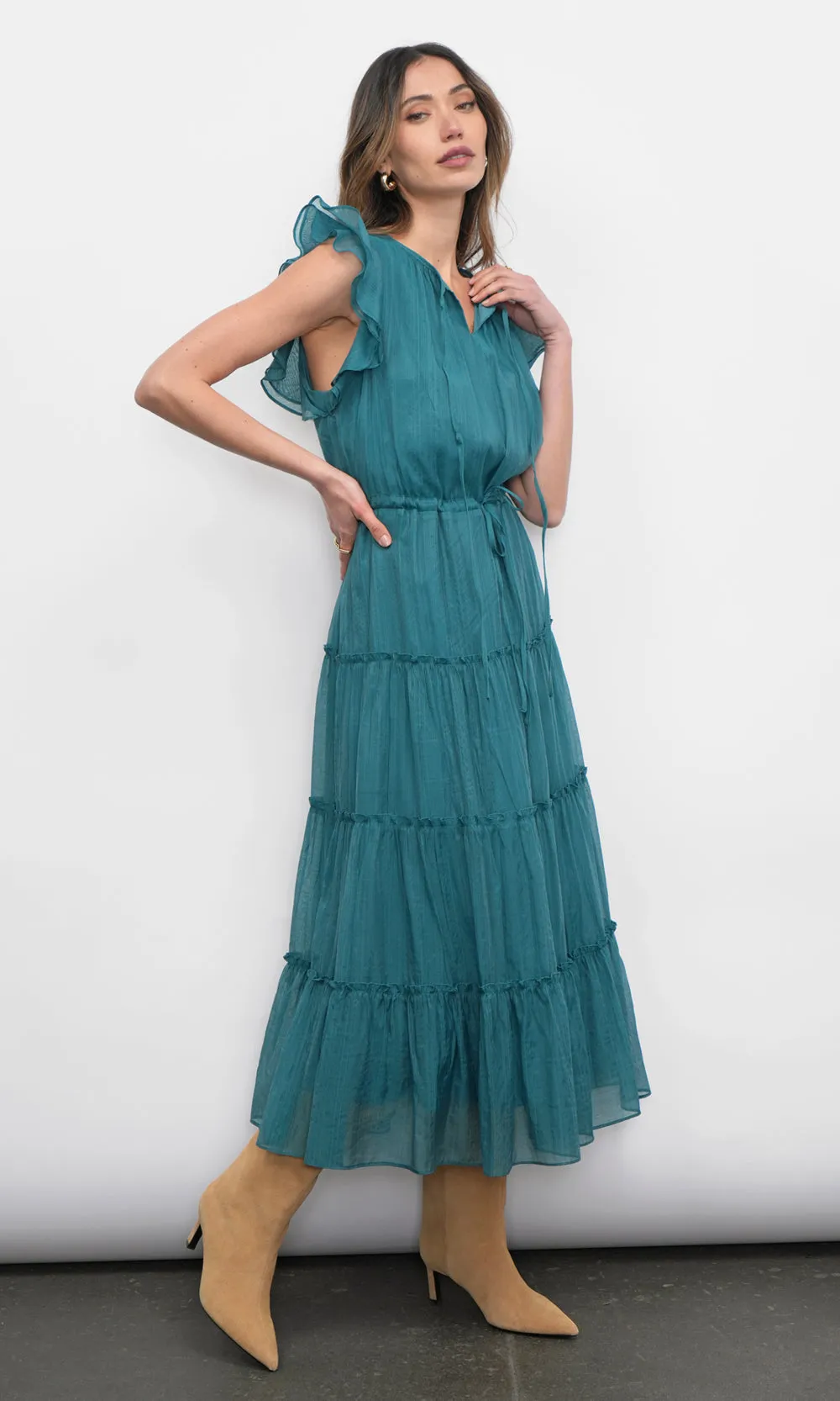 Yvonne Textured Flutter Sleeve Tiered Midi Dress w/ Drawstring sold by Greylin product image thumbnail 3