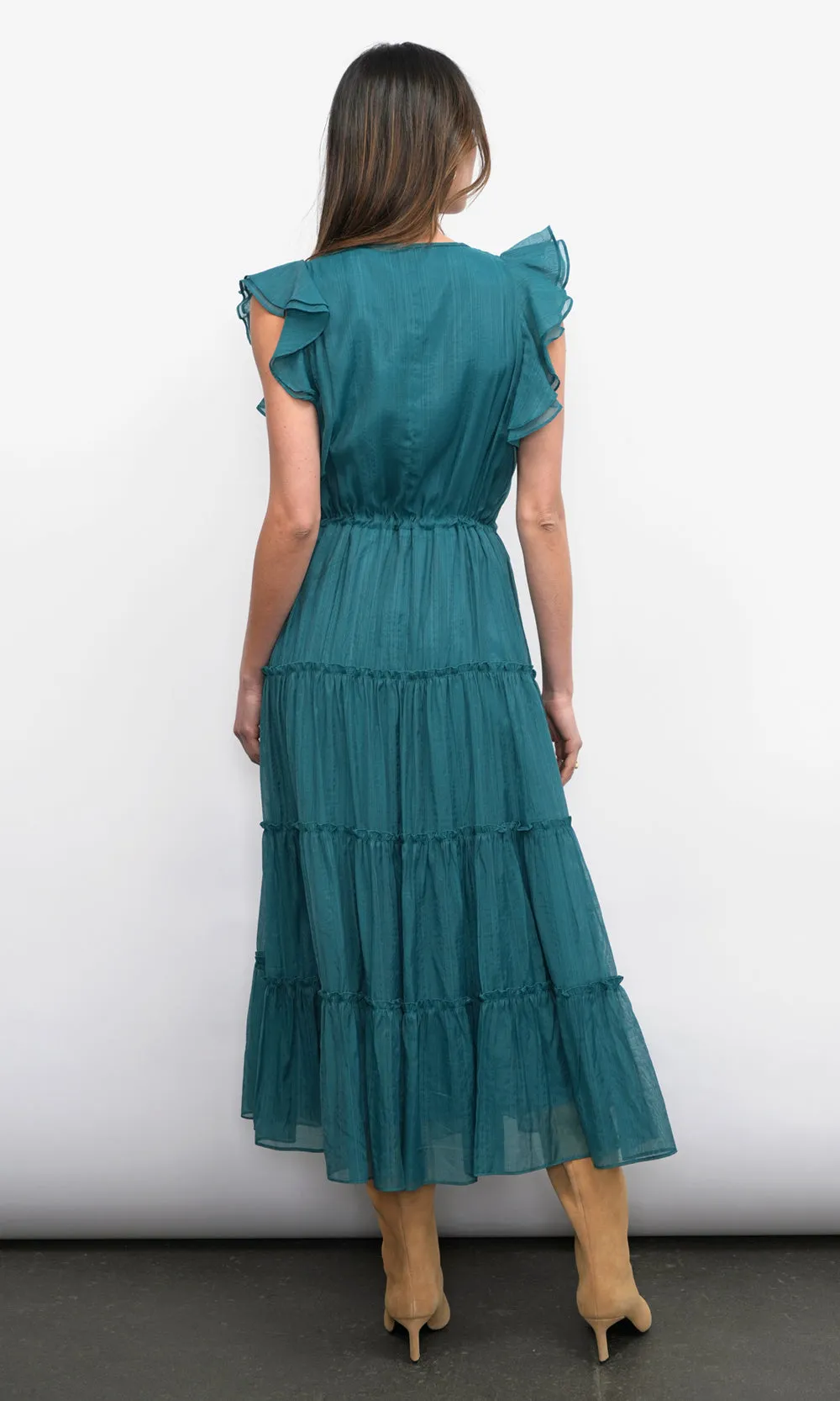 Yvonne Textured Flutter Sleeve Tiered Midi Dress w/ Drawstring sold by Greylin product image thumbnail 4