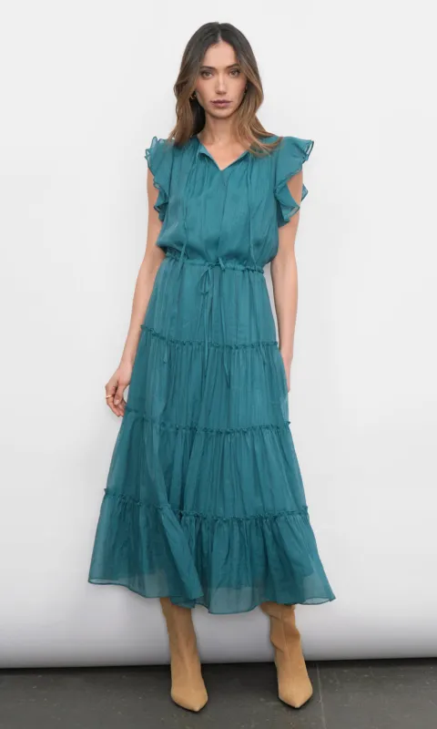 Yvonne Textured Flutter Sleeve Tiered Midi Dress w/ Drawstring sold by Greylin