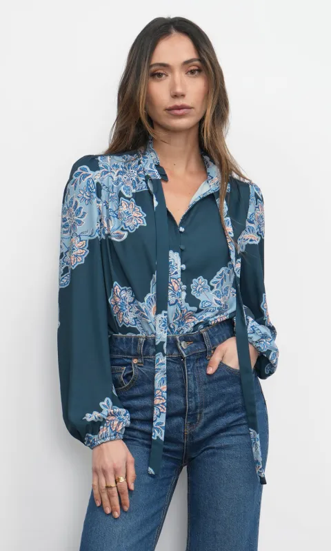 Cierra Button Up Tie Neck Blouse sold by Greylin
