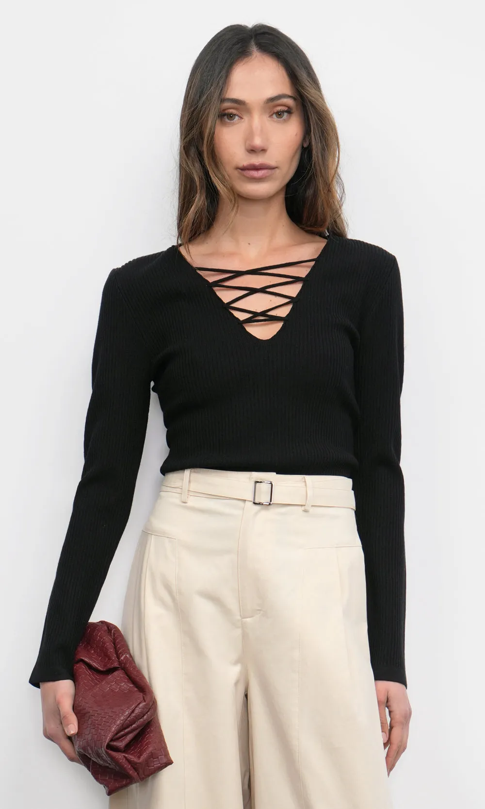 Maxwell Lace Up V-Neck Black Knit Top sold by Greylin product image thumbnail 2