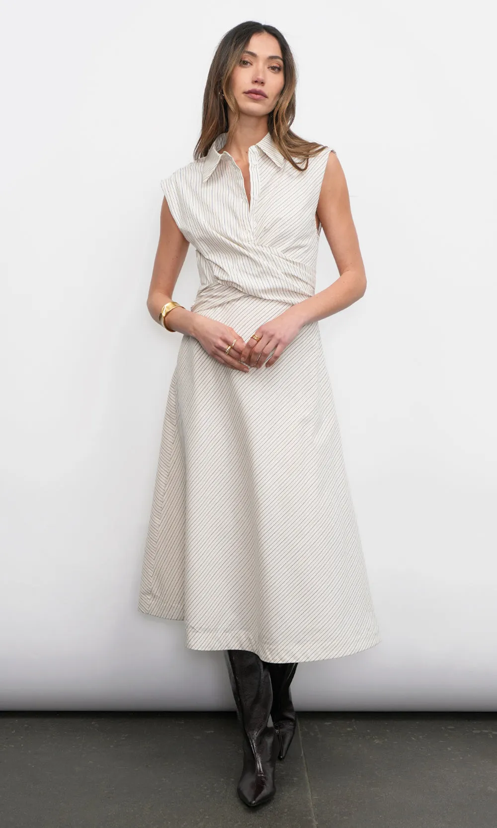 Lorena Stripe Shirt Collar Midi Dress sold by Greylin