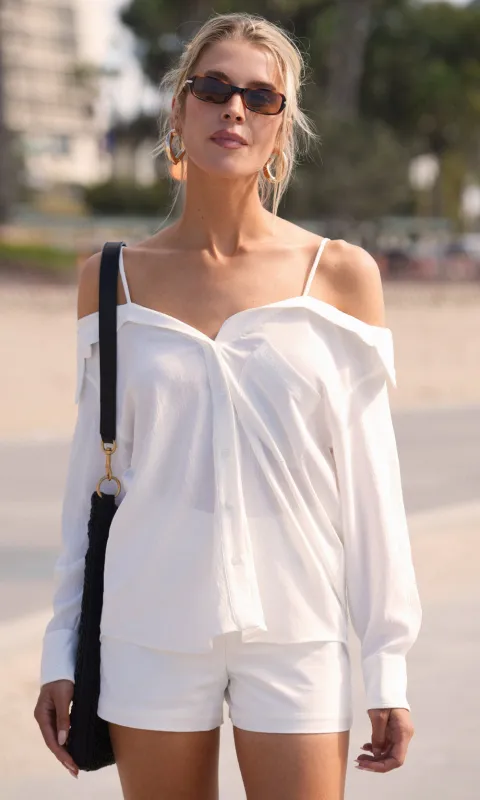 Zorah Off Shoulder Button Down Shirt sold by Greylin