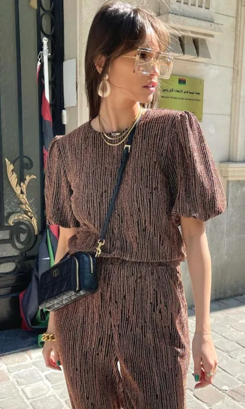 Felicia Lurex Knit Pouf Sleeve Blouse sold by Greylin