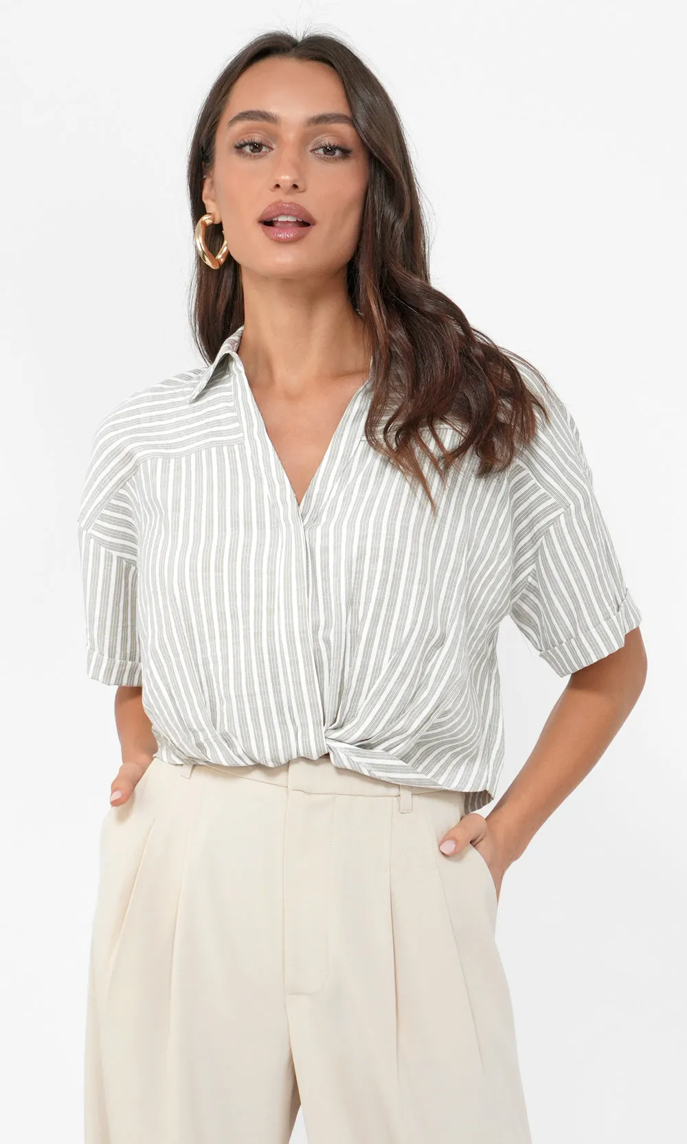 Maria Cropped Twist Front Stripe Shirt sold by Greylin